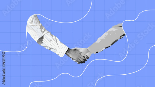 A stylized illustration depicts two hands firmly shaking in agreement