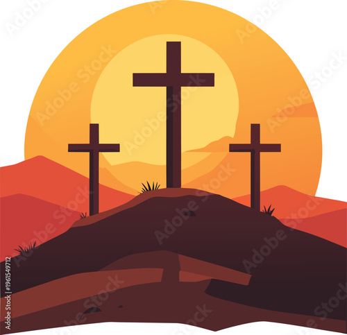 Three crosses on a hill silhouetted against a vibrant orange sunset, symbolizing the crucifixion and Easter.