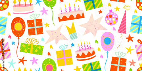 Festive pattern with colorful cakes balloons gifts and celebratory stars