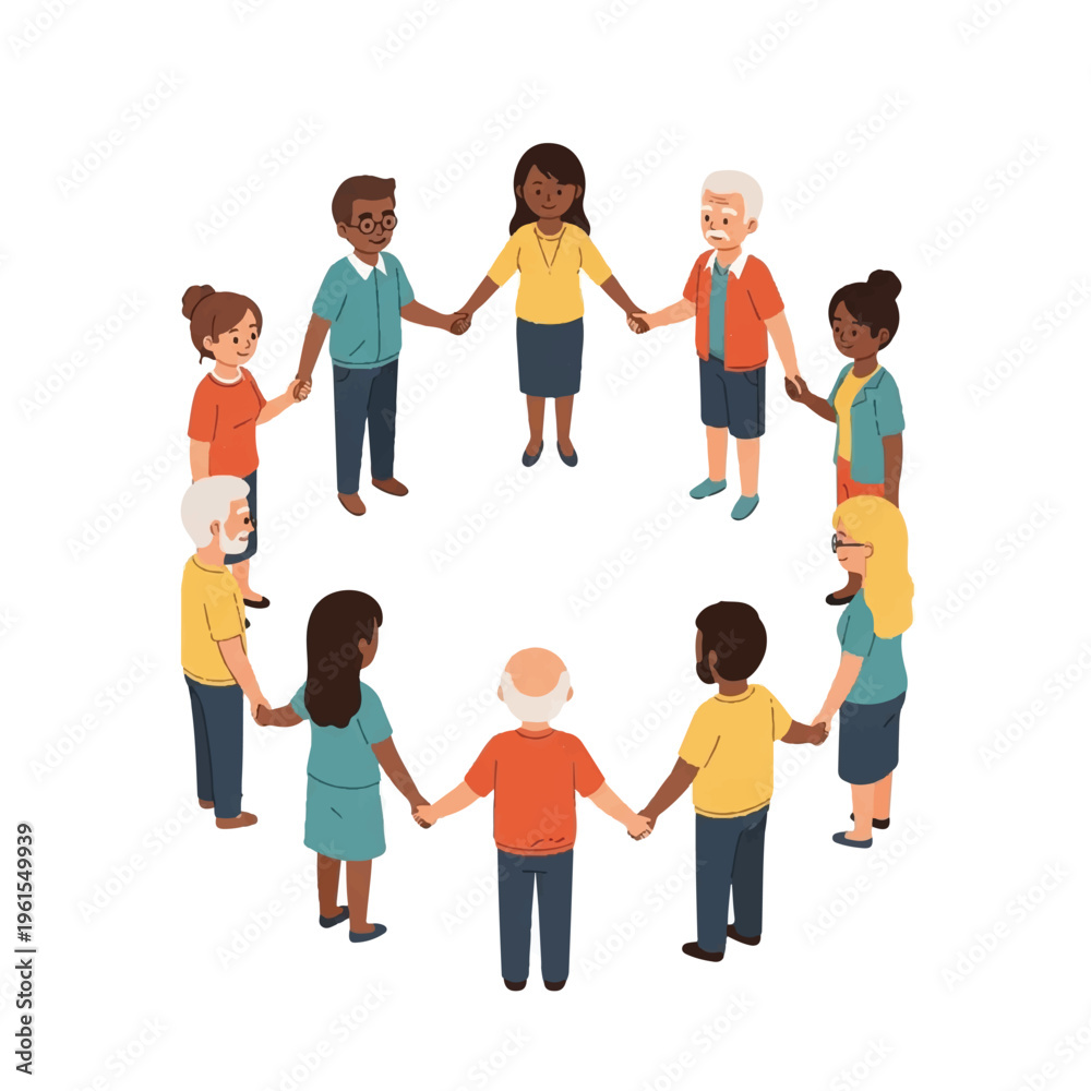Obraz premium Illustration of a diverse group of people holding hands in two concentric circles on a white background with a sense of unity and togetherness.