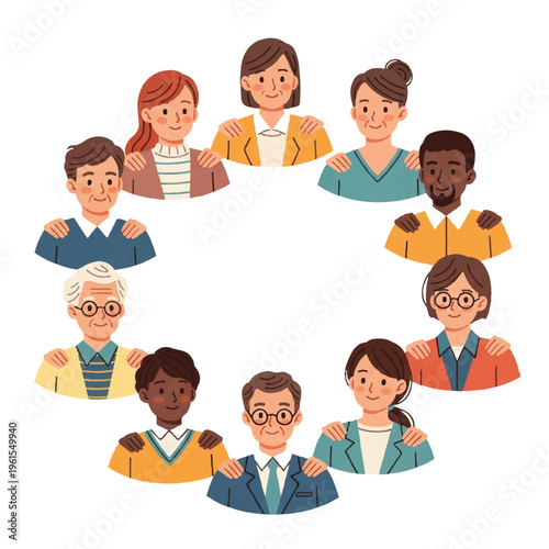 Illustration of diverse group of people standing in a circle with arms around each other on a white background.