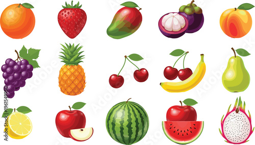 Colorful illustration of assorted fruits including orange, strawberry, mango, pineapple, grapes, banana, apple, watermelon, and dragon fruit, representing healthy food artwork and nutrition concept