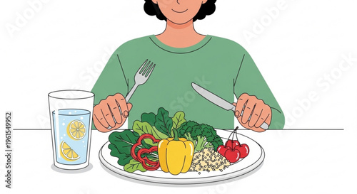 Woman eating healthy food with vegetables glass of water knife and fork ready to eat a nutritious meal