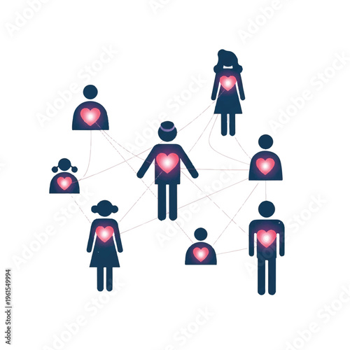 A group of connected people icons with hearts on their chests, symbolizing unity and relationships, on a white background with a network of lines.