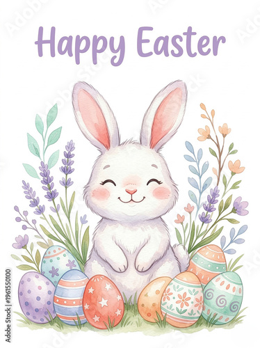 A cute Easter bunny surrounded by colorful eggs and flowers on a white background