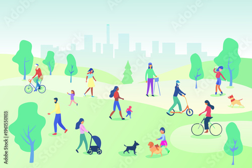A vibrant park scene depicting diverse people enjoying outdoor activities