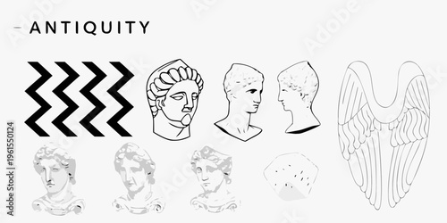 Ancient greek and roman busts with wings and abstract geometric designs