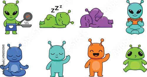 Cute alien characters vector set featuring funny extraterrestrial creatures sleeping eating meditating and waving for sci fi cartoon design