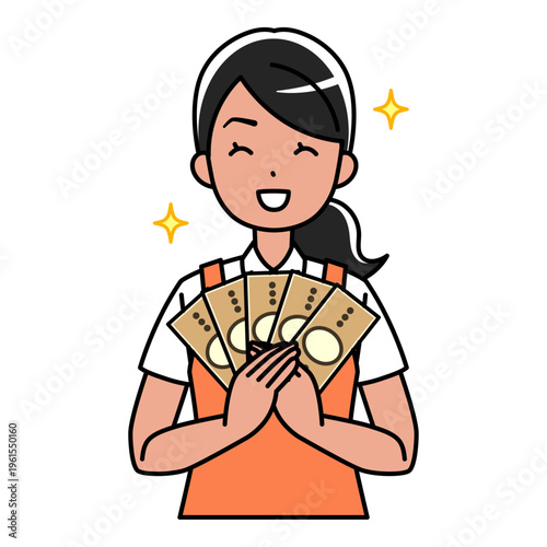 お札を持っている笑顔の外国人女性（エプロン姿）