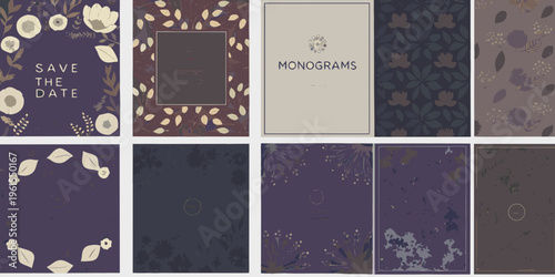 Floral wedding invitation suite designs with botanical and monogram elements