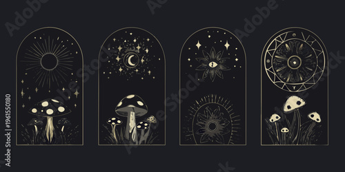 Four celestial and botanical arched illustrations with dark mystical themes
