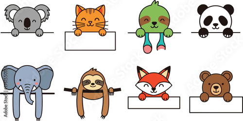 Cute animal characters holding blank sign boards including koala cat frog panda elephant sloth fox and bear vector illustration set