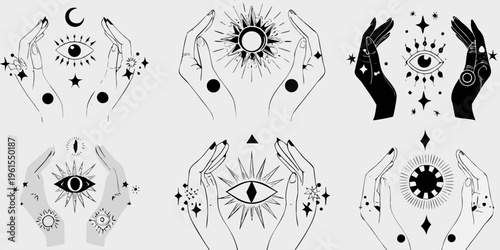 Mystical hands holding celestial symbols eyes moons and radiant suns