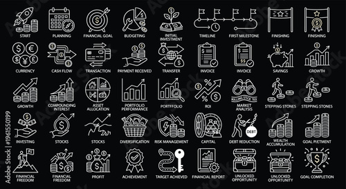 Finance and investment icons for business planning and goals
