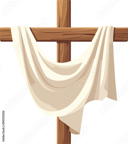 A wooden Christian cross draped with a flowing white cloth, symbolizing Easter and resurrection.