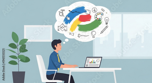 Businessman sitting at desk with laptop and creative thought bubble brainstorming ideas