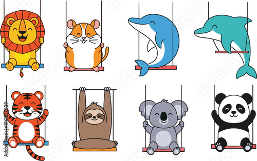 Cute animals on swings collection with lion, dolphin, panda and sloth, playful cartoon characters vector illustration set isolated