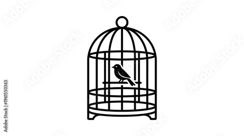 Simple black outline bird in a cage, isolated white background.