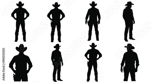 A collection of multiple cowboy silhouettes in various poses as a vector illustration graphic design element