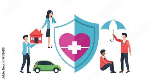 Diverse vector illustration showcasing comprehensive insurance solutions for health, property, vehicle, and personal well-being.