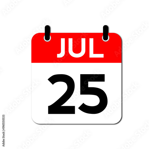 July 25th Daily Calendar Icon Vector - Flat Red and White Date Page Symbol for Business Schedules, Event Planning, Deadlines, and Time Management Apps