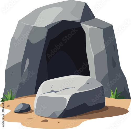 Cartoon illustration of a grey rock cave entrance with a dark opening and a smaller stone in front.