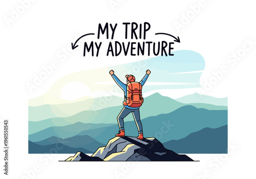 Embracing the adventure of exploration with a backpacker celebrating victory on a mountain peak at sunrise, capturing the essence of travel and personal journeys