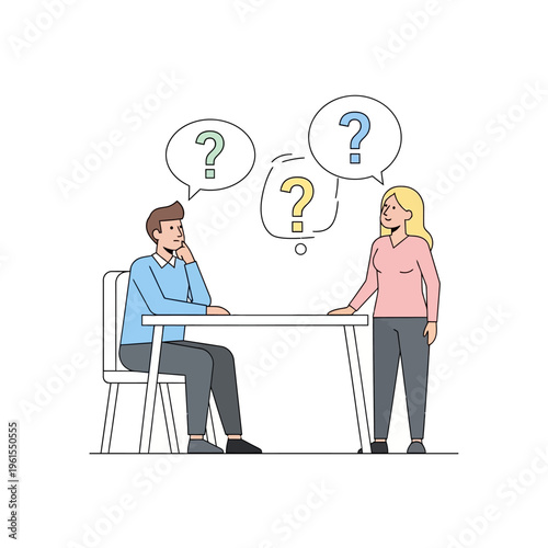 Man and woman with question marks, communication problems, confusion, interview concept