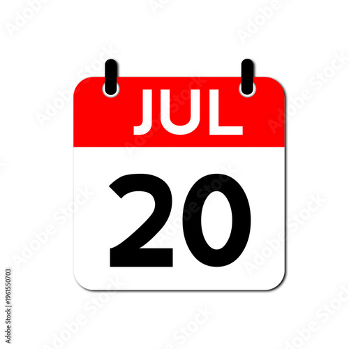 July 20th Daily Calendar Icon Vector - Flat Red and White Date Page Symbol for Business Schedules, Event Planning, Deadlines, and Time Management Apps
