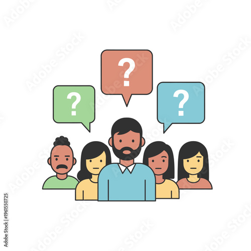 Diverse group of people with question marks above their heads, concept of confusion, doubt, or seeking answers