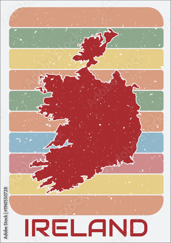 Ireland vintage logo. Shape of the country on retro colored stripes background. Ireland map design with grunge scratch texture. Vector illustration.