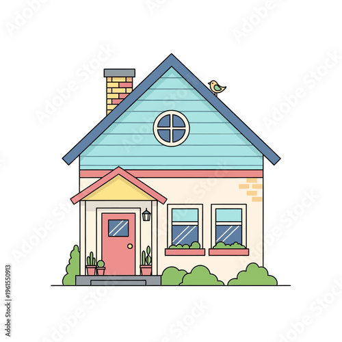 Charming Cartoon House with Bird on Roof, Cute Home Illustration, Simple Architectural Design