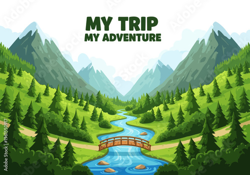 Vibrant mountain landscape with a winding river and a wooden bridge, symbolizing adventure and exploration