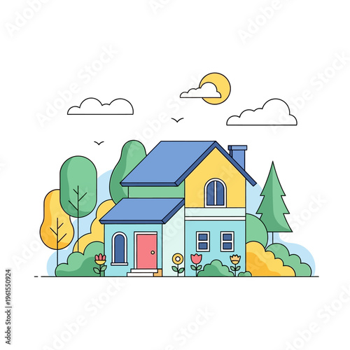 Charming cartoon house with garden, trees, sun, and clouds, flat design vector illustration