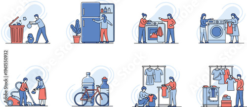Colorful illustration of eight household chore scenes including cleaning, laundry, cooking, organizing, and daily activities, representing domestic lifestyle artwork, home routine design, an