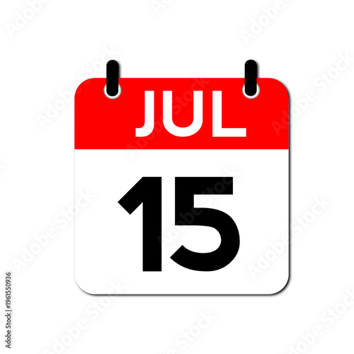 July 15th Daily Calendar Icon Vector - Flat Red and White Date Page Symbol for Business Schedules, Event Planning, Deadlines, and Time Management Apps