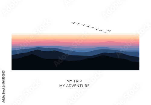 Majestic mountain range at sunset with migrating birds flying overhead, a breathtaking visual for travel and adventure