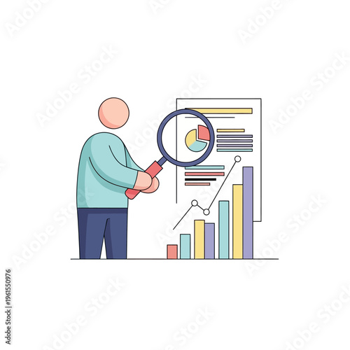 Business Analytics: Person Inspecting Financial Report with Magnifying Glass and Charts