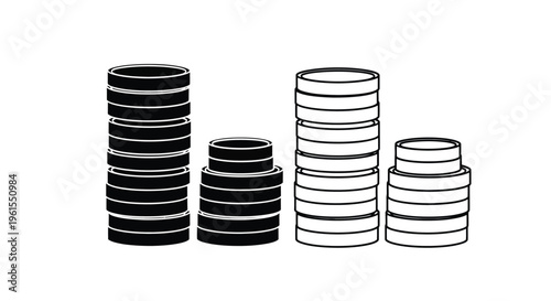 Vector illustration displaying four distinct stacks of circular coins representing financial growth and economic concepts in stark black and white contrast
