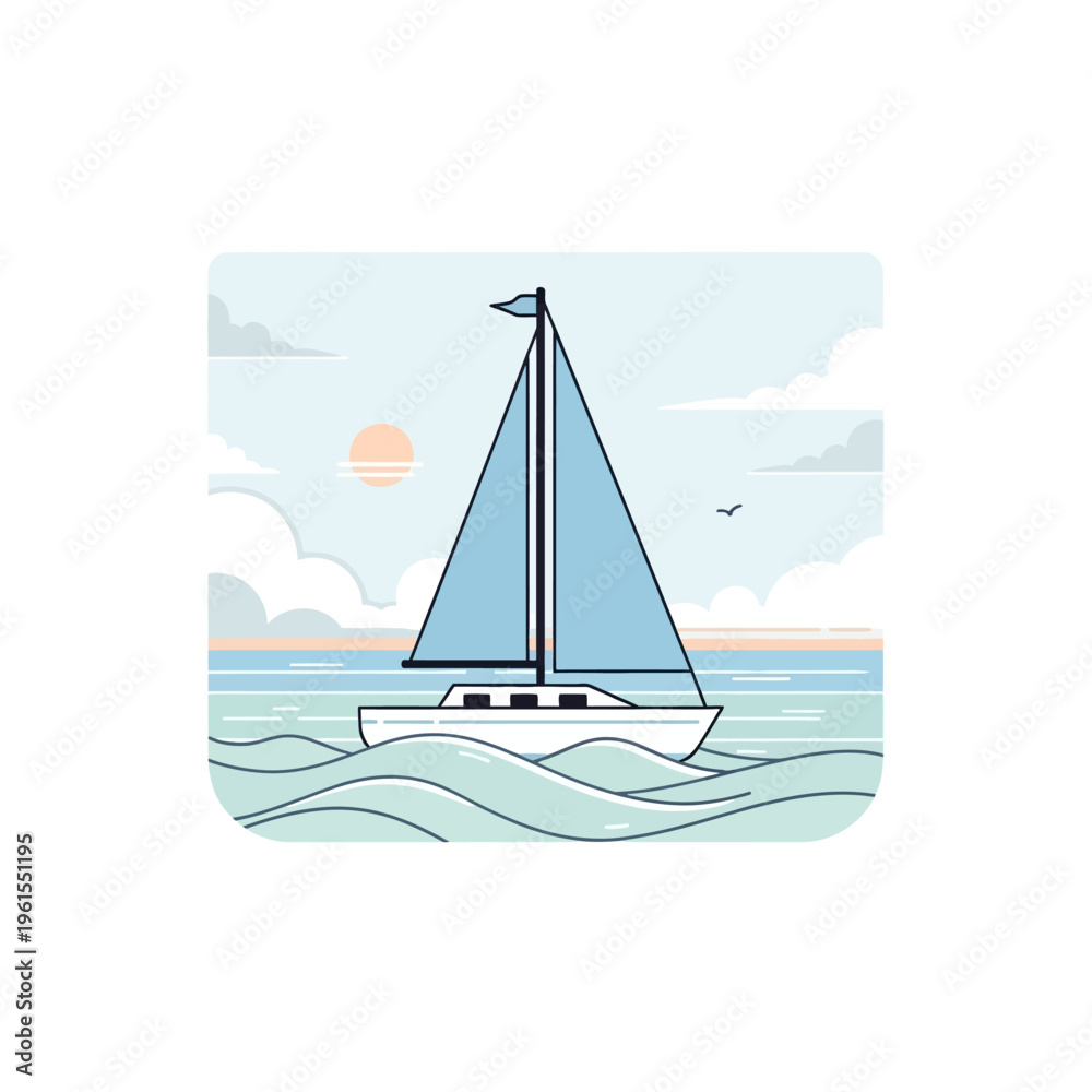 Fototapeta premium Modern Sailboat on Wavy Ocean Water with Sun and Clouds