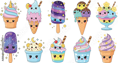 Cute kawaii ice cream collection with colorful desserts, smiling faces, sweet treats, cartoon vector illustration set isolated on background