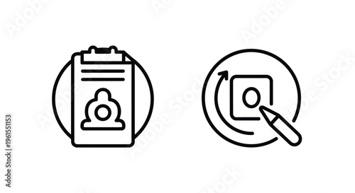 Vector illustration featuring a user profile document icon alongside an image editing and update graphic, perfect for modern digital interface design elements.