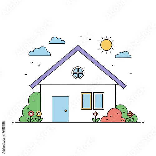 Simple Cartoon House with Garden, Sun, and Clouds
