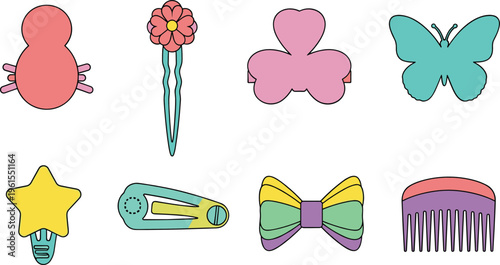 Cute kids hair accessories collection with clips, bows, combs and decorative shapes, colorful cartoon vector illustration set isolated