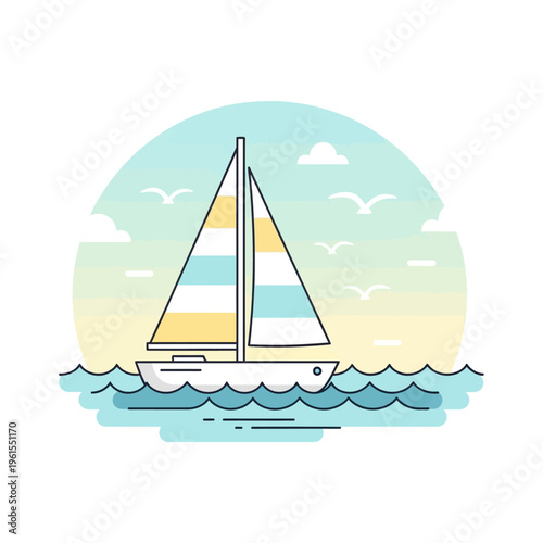 Sailboat on calm ocean waves, clear sky, seagulls flying, flat design illustration