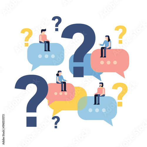 People Sitting on Speech Bubbles with Question Marks, Communication and Uncertainty Concept
