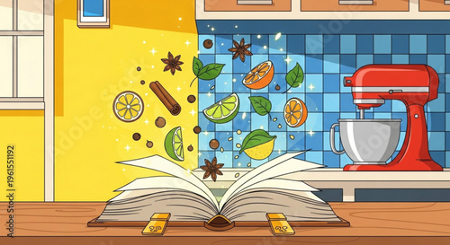 Open cookbook on kitchen counter with spices and mixer recipe inspiration in a home baking environment with yellow walls and blue tiles
