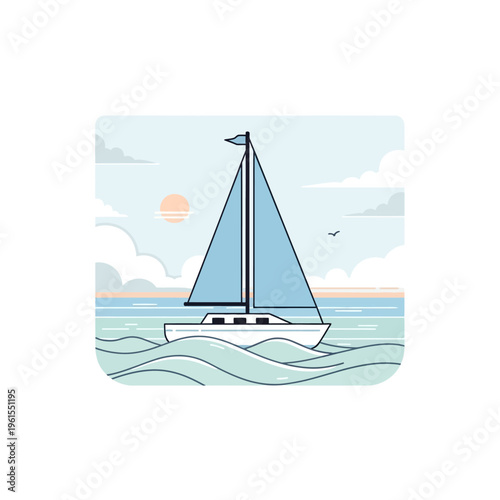 Modern Sailboat on Wavy Ocean Water with Sun and Clouds