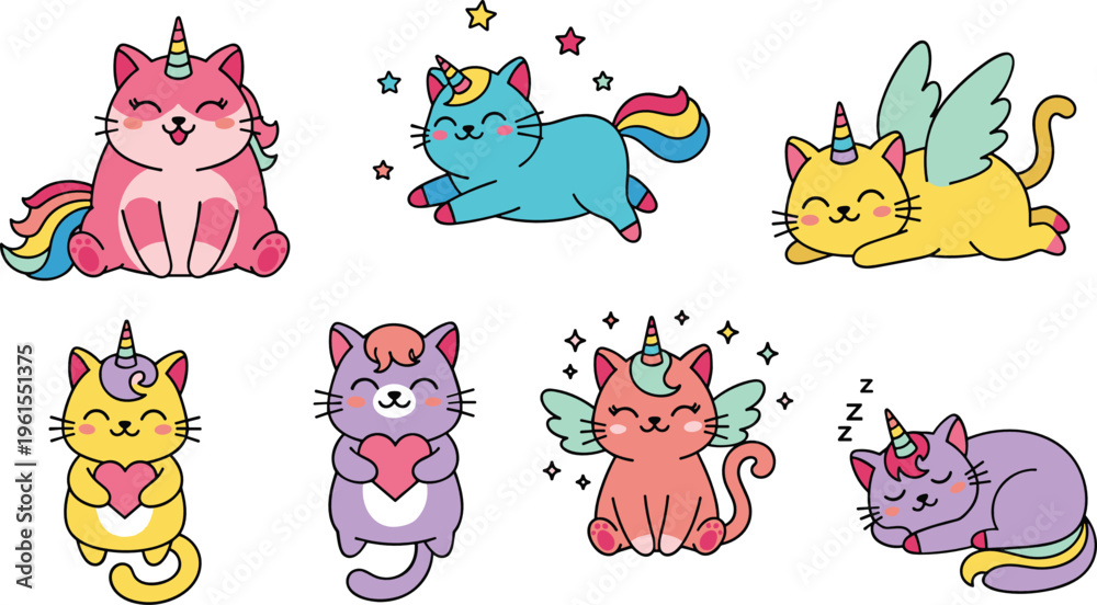 Obraz premium Cute unicorn cats collection with rainbow tails, wings and magical horns, fantasy kawaii cartoon vector illustration set isolated