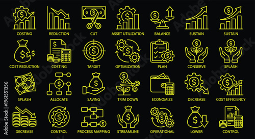 Cost reduction and business optimization yellow line icons collection